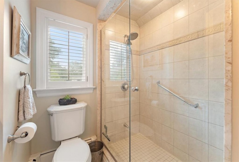 Main bathroom. Safety bar. Rainshower head. California shutters. Panasonic fan replaced 2024. Seamless glass shower. Kohler sink and toilet