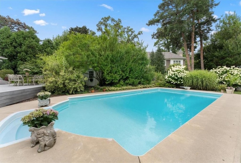 18 by 36 vinyl pool, concrete surround. Pump and filter cartridges (2024). Pool shed