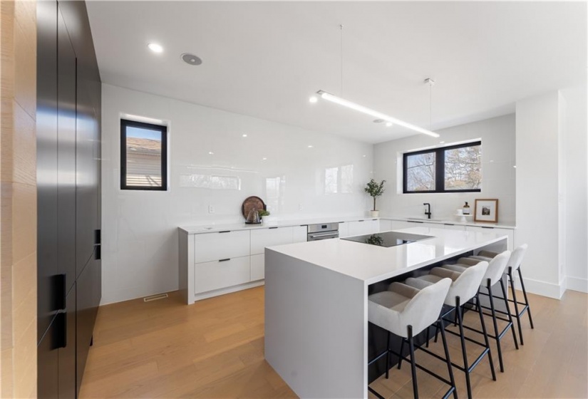 Kitchen. Quartz countertops. Thermador microwave fridge and freezer are hidden in black cabinetry to the left.