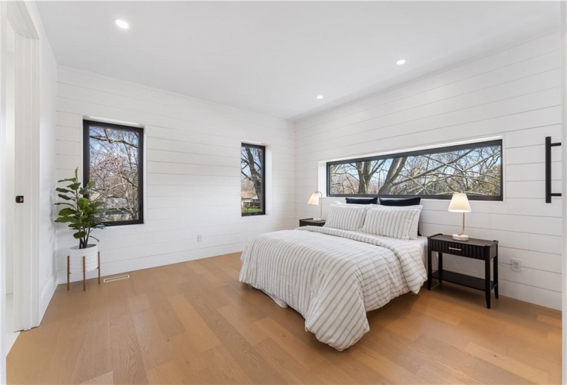 Master bedroom. Shiplap walls.