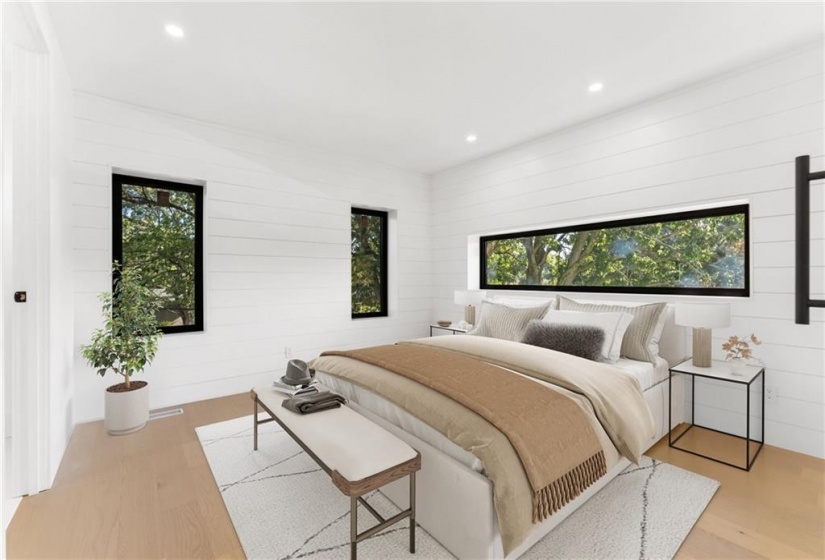 Master bedroom. Shiplap feature walls. (Virtually staged furnishings)